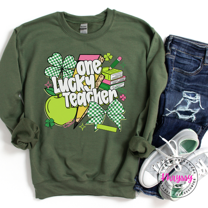 Military gildan heavyweight crewneck with a bright checkered shamrock print.