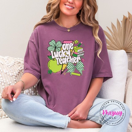berry comfort tee with a bright checkered shamrock teacher print.