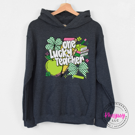 Dark heather hoodie featuring checkered shamrocks and a leopard bolt.