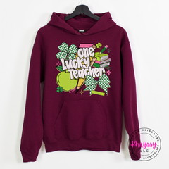 Maroon heavyweight hoodie styled with a festive lucky teacher graphic.
