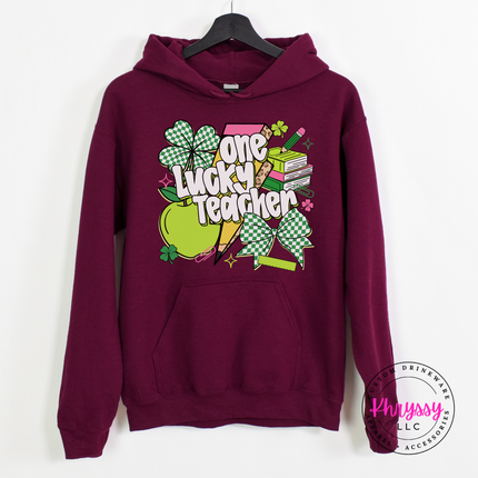 Maroon heavyweight hoodie styled with a festive lucky teacher graphic.