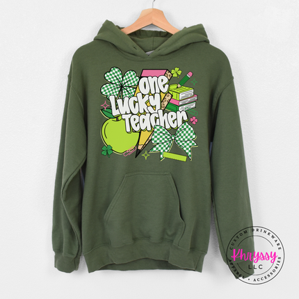 Military green hoodie showing white lettering over a shamrock design.