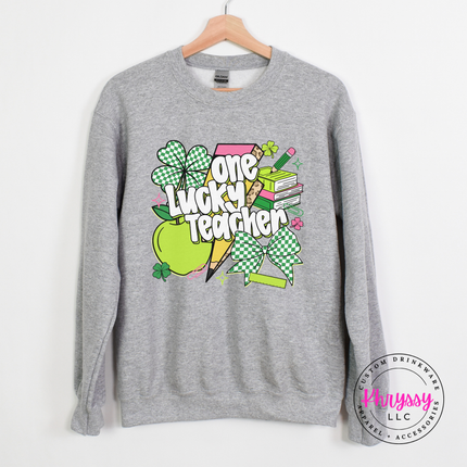 sport grey pullover hoodie with a bright checkered shamrock teacher print.