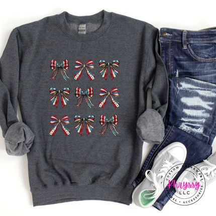 Dark Heather crewneck sweatshirt featuring a vintage red-white-and-blue flag-bow design.
