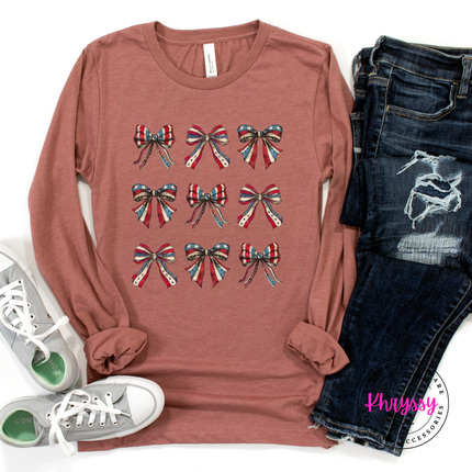 Heather Mauve long sleeve tee with a patriotic American flag-bow grid graphic.
