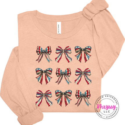 Heather Peach long sleeve tee featuring a vintage red-white-and-blue flag-bow design.