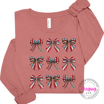 Mauve long sleeve tee showing a coquette patriotic flag-bow grid print.