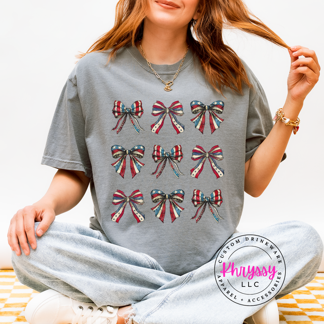 Granite garment-dyed tee featuring a vintage red-white-and-blue flag-bow design.