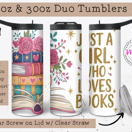 Personalized Book Lover Tumbler ⎸ Floral Book Stack Tumbler for Women ⎸ Custom Engraved Reader Gift
