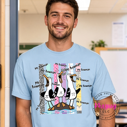 Hydrangea teacher tee showing the custom name seagull graphic up close.