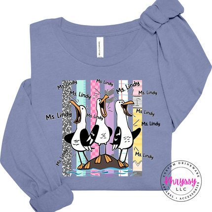 Lavender Blue teacher long sleeve tee with a funny personalized seagull graphic.