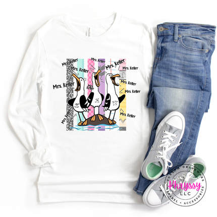 White long sleeve shirt with a personalized teacher seagull design.