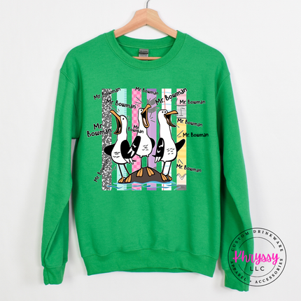 Irish Green teacher crewneck sweatshirt with a funny personalized seagull graphic.