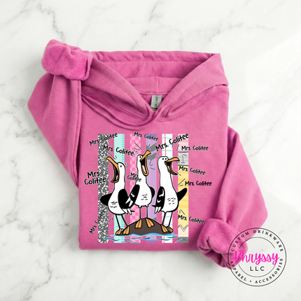 Azalea colored hoodie with a personalized seagull teacher design and custom name.