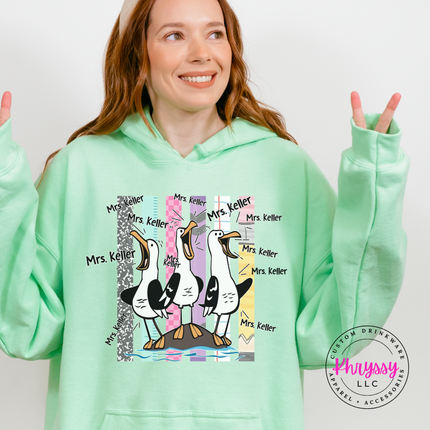 Mint Green hoodie with a funny personalized seagull teacher graphic.