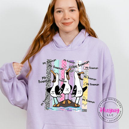 Orchid colored teacher hoodie with a personalized seagull design and custom name.