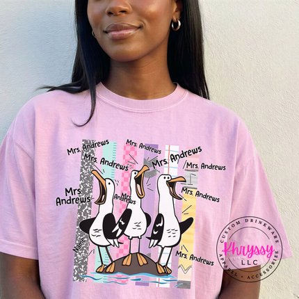 Blossom colored personalized tee with a funny seagull teacher design and custom name.