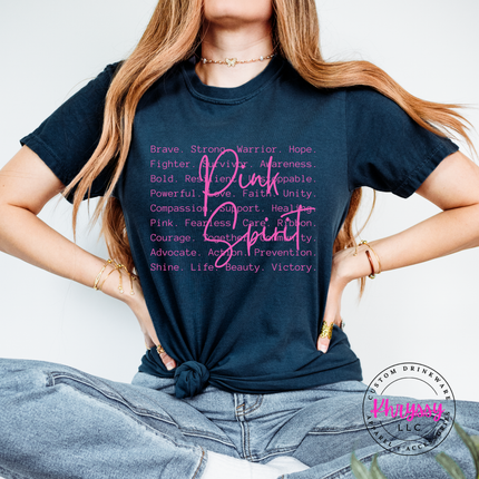 True Navy tee with the Pink Spirit strength word design in white
