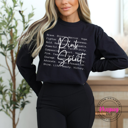 Woman wearing a Black long sleeve tee with the Pink Spirit design in white