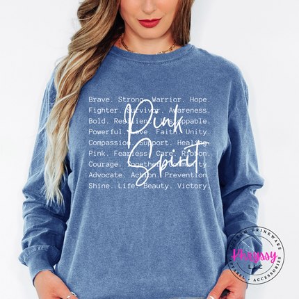 Blue Jean long sleeve tee with the Pink Spirit survivor word art in white