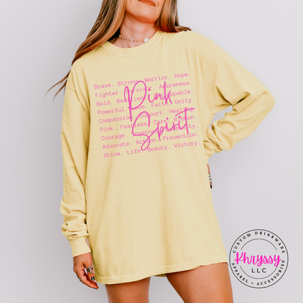 Butter long sleeve tee with the Pink Spirit breast cancer awareness words in pink

