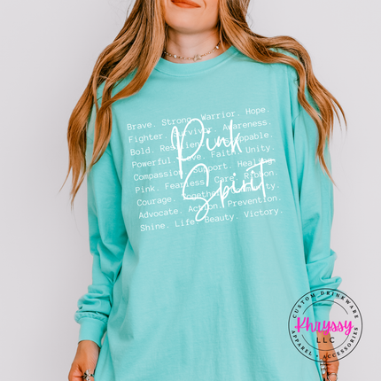 Chalky Mint long sleeve tee with the Pink Spirit strength word design in pink