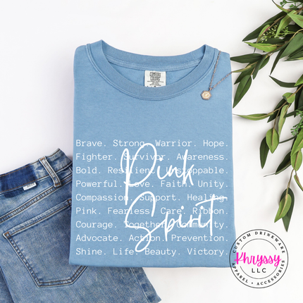 Ice Blue long sleeve tee with the brave strong warrior Pink Spirit graphic in pink