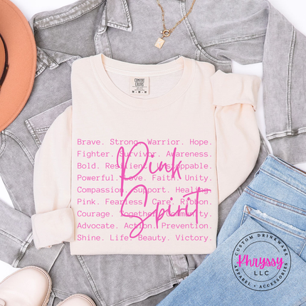 Ivory long sleeve tee with the Pink Spirit breast cancer awareness words in pink