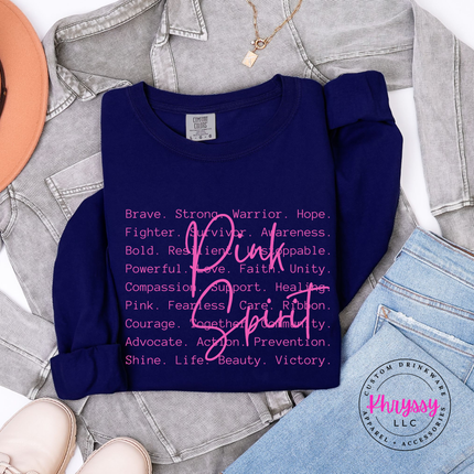True Navy long sleeve tee with the Pink Spirit strength word design in white