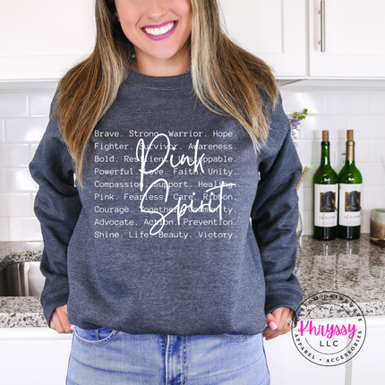 Dark Heather crewneck sweatshirt with the Pink Spirit strength word design in white