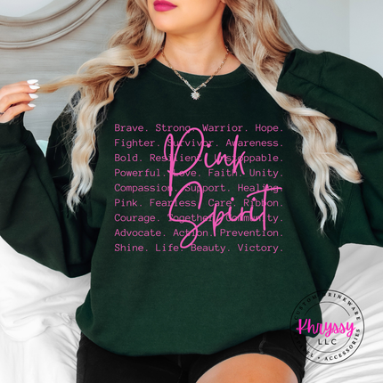 Forest crewneck sweatshirt with the Pink Spirit survivor word art in white
