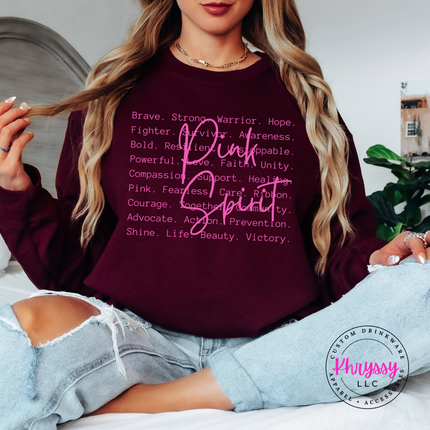 Maroon crewneck sweatshirt with the Pink Spirit breast cancer awareness words in white
