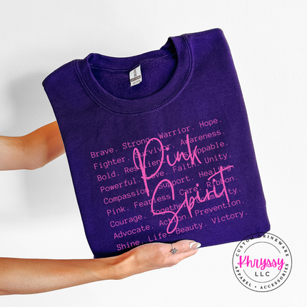 Purple crewneck sweatshirt with the Pink Spirit survivor word art in white
