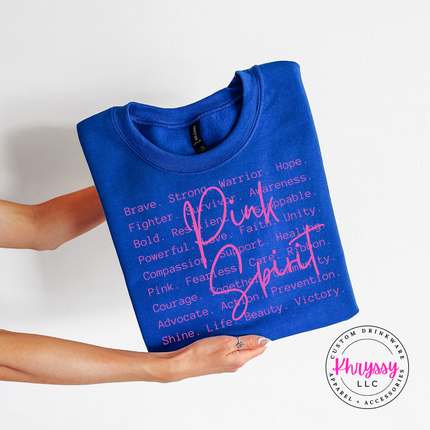 Royal Blue crewneck sweatshirt with the brave strong warrior Pink Spirit graphic in white
