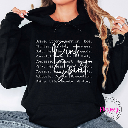 Black hoodie with the Pink Spirit survivor word art in white