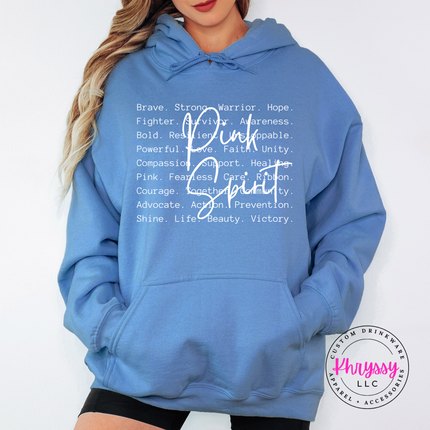 Carolina Blue hoodie with the brave strong warrior Pink Spirit graphic in pink
