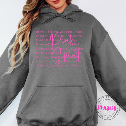 Charcoal hoodie with the Pink Spirit breast cancer awareness words in white