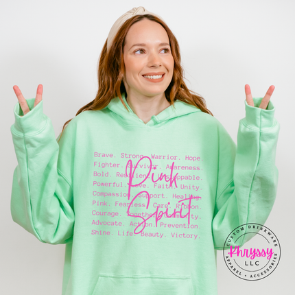 Mint Green hoodie with the Pink Spirit survivor word art in pink