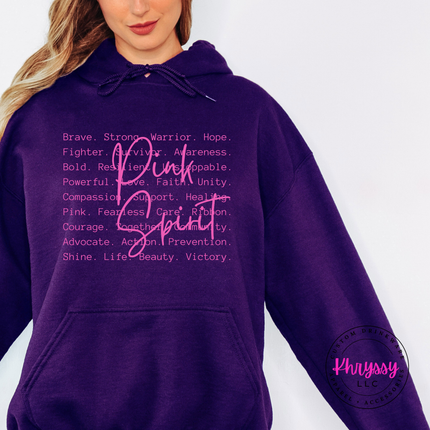 Purple hoodie with the Pink Spirit breast cancer awareness words in white
