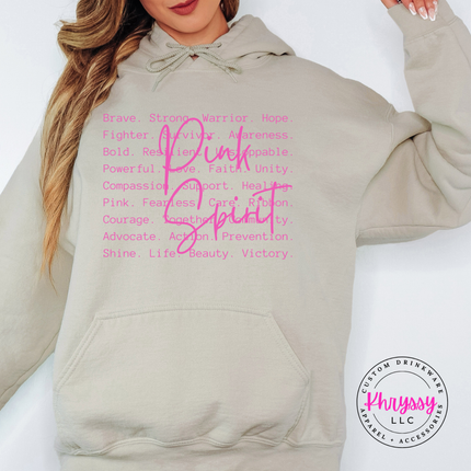 Sand hoodie with the Pink Spirit strength word design in pink