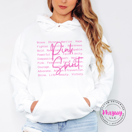 White hoodie with the Pink Spirit survivor word art in pink
