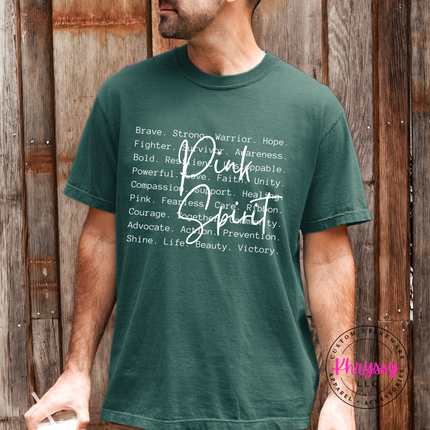 Blue Spruce tee with the brave strong warrior Pink Spirit graphic in white
