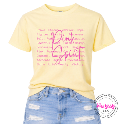 Butter tee with the Pink Spirit breast cancer awareness words in pink
