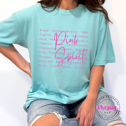 Chalky Mint tee with the Pink Spirit strength word design in pink
