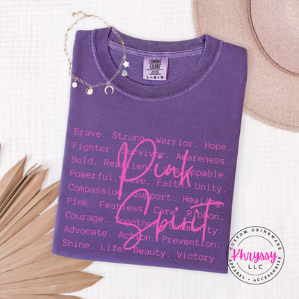 Grape tee with the Pink Spirit survivor word art in white
