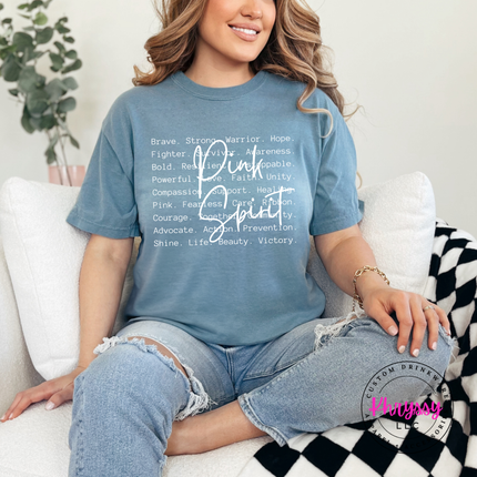 Ice Blue tee with the brave strong warrior Pink Spirit graphic in pink
