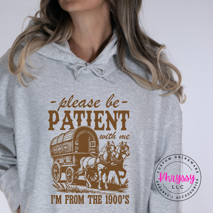 Heavyweight vintage humor pullover with covered wagon please be patient 1900s text