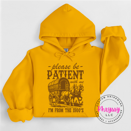 Cozy Gildan generational humor hoodie with vintage covered wagon design