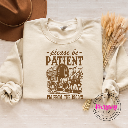 Substantial vintage humor crewneck with charming covered wagon illustration