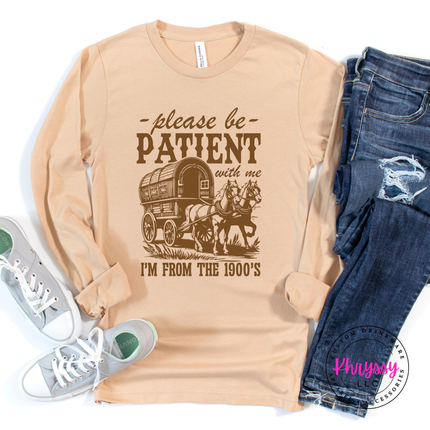 Smooth lightweight vintage humor long sleeve with covered wagon I'm from 1900s text